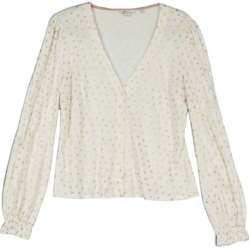 Boden Polka Dot Button Front Top Women 12 White Gold Foil Dot V-Neck Feminine